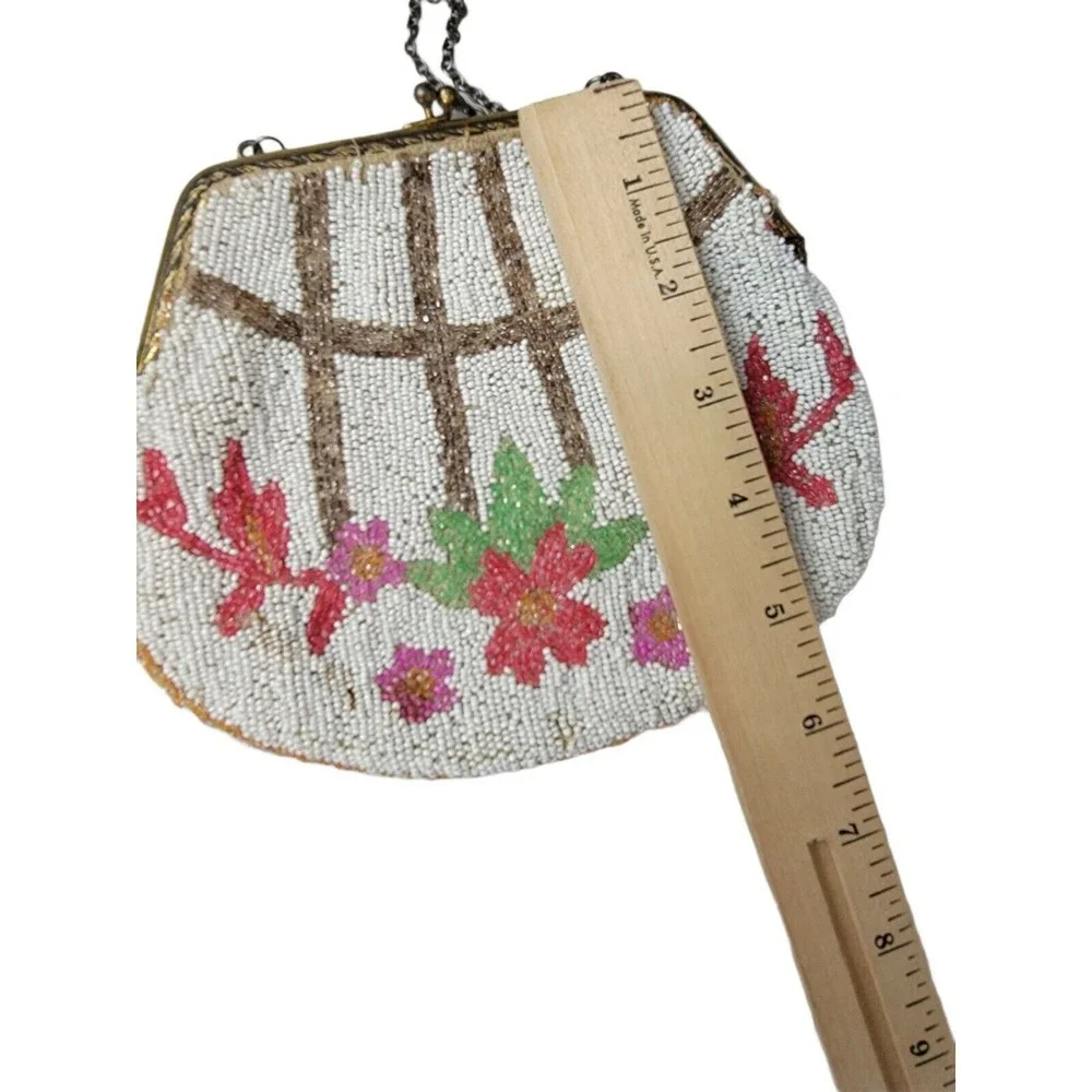 Vintage/Antique Micro Beaded Handbag With Chain Floral Rose Design‎